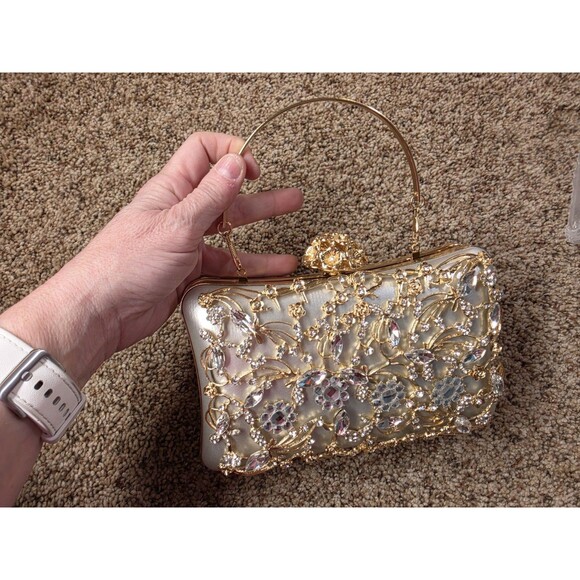 Handbags - Gold Floral Crystal Metallic Top Handle Clutch Detachable Strap Women